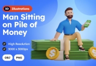人坐在金钱的堆 3D插图