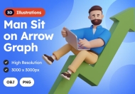 男人坐在箭头图 3D 插图上