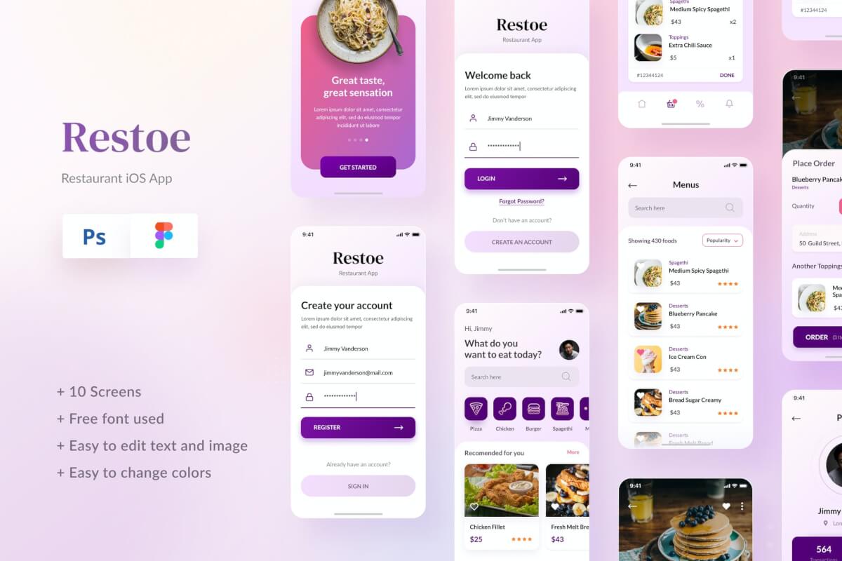 Restoe-餐厅食品应用程序设计Figma和PSD APP ui素材下载