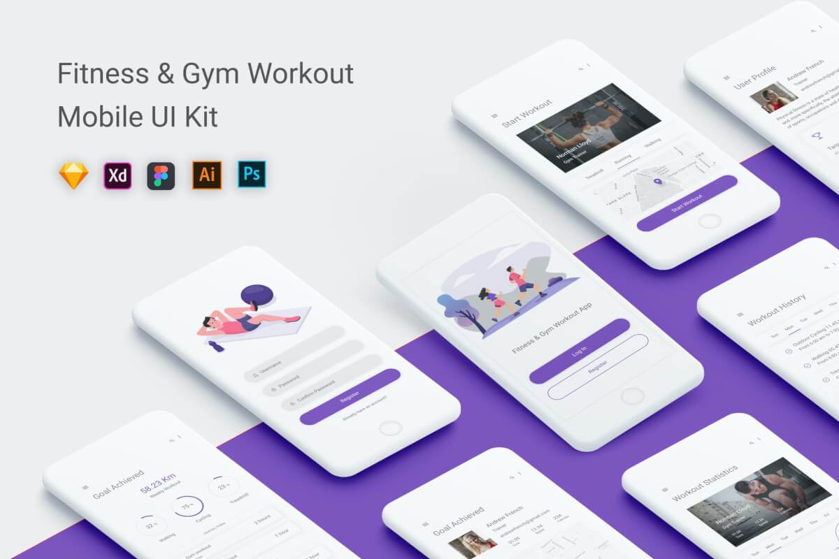 健身和健身房锻炼UI套件移动应用App模板