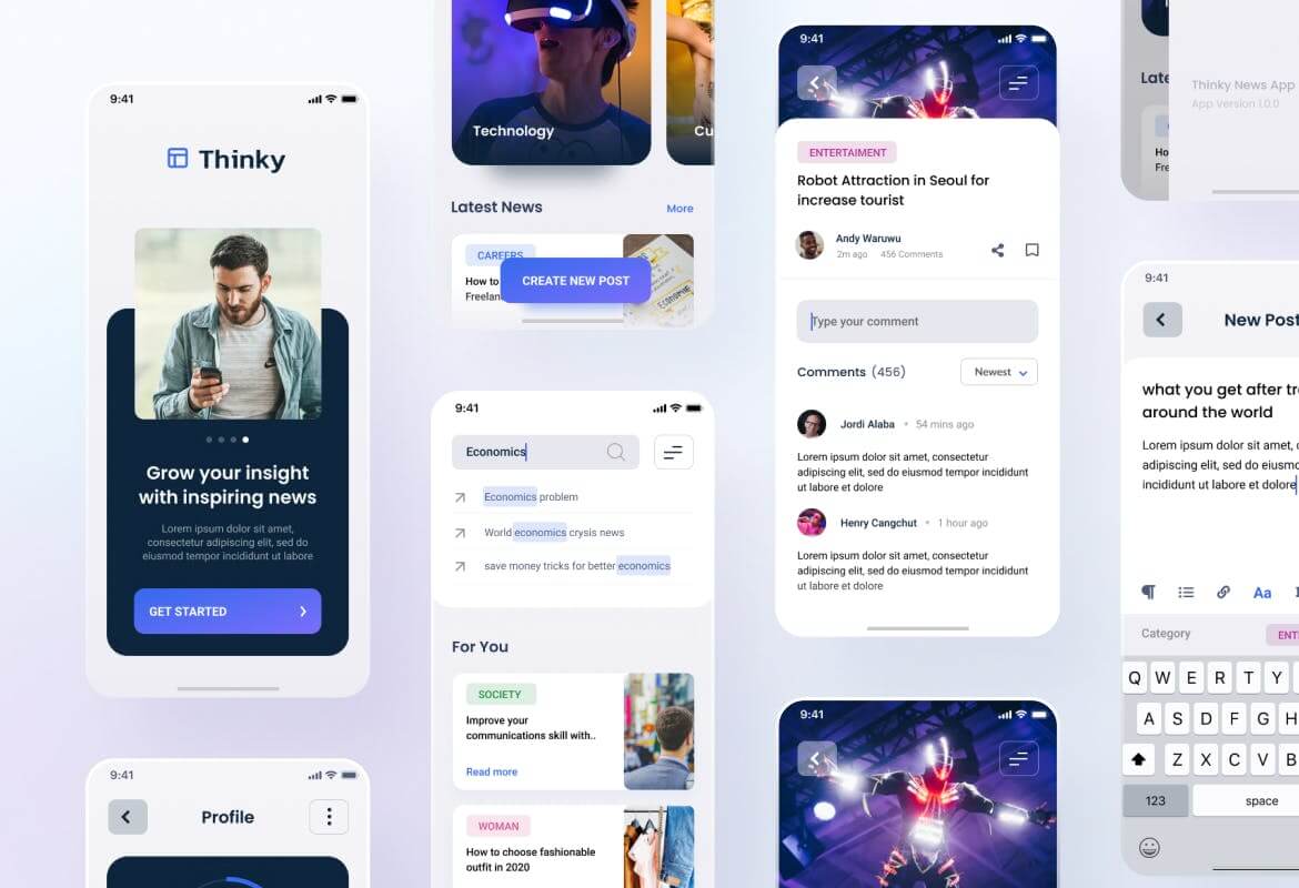 Thinky-博客新闻iOS App设计Figma和PSD UI素材下载