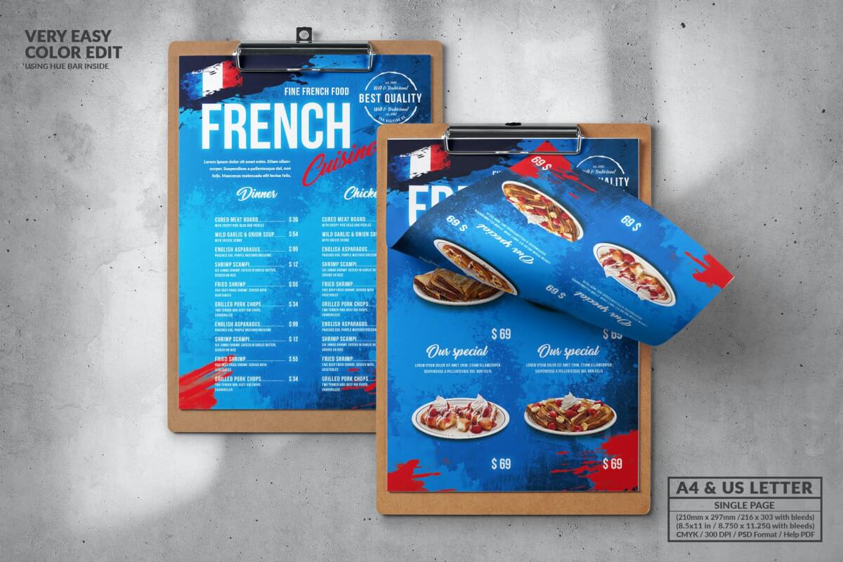 法国食品菜单设计模板A4和美国字母