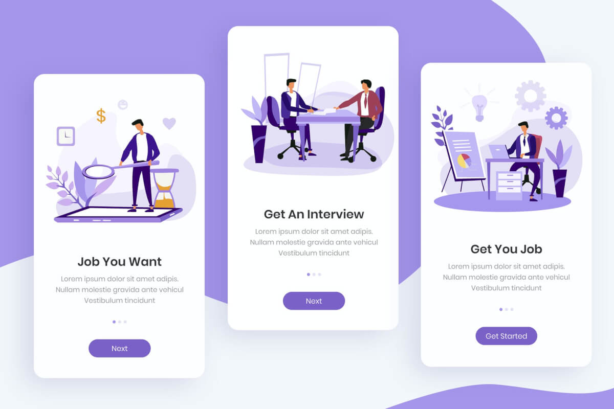 招聘入职应用程序矢量插画人物引导页面ui模板下载
