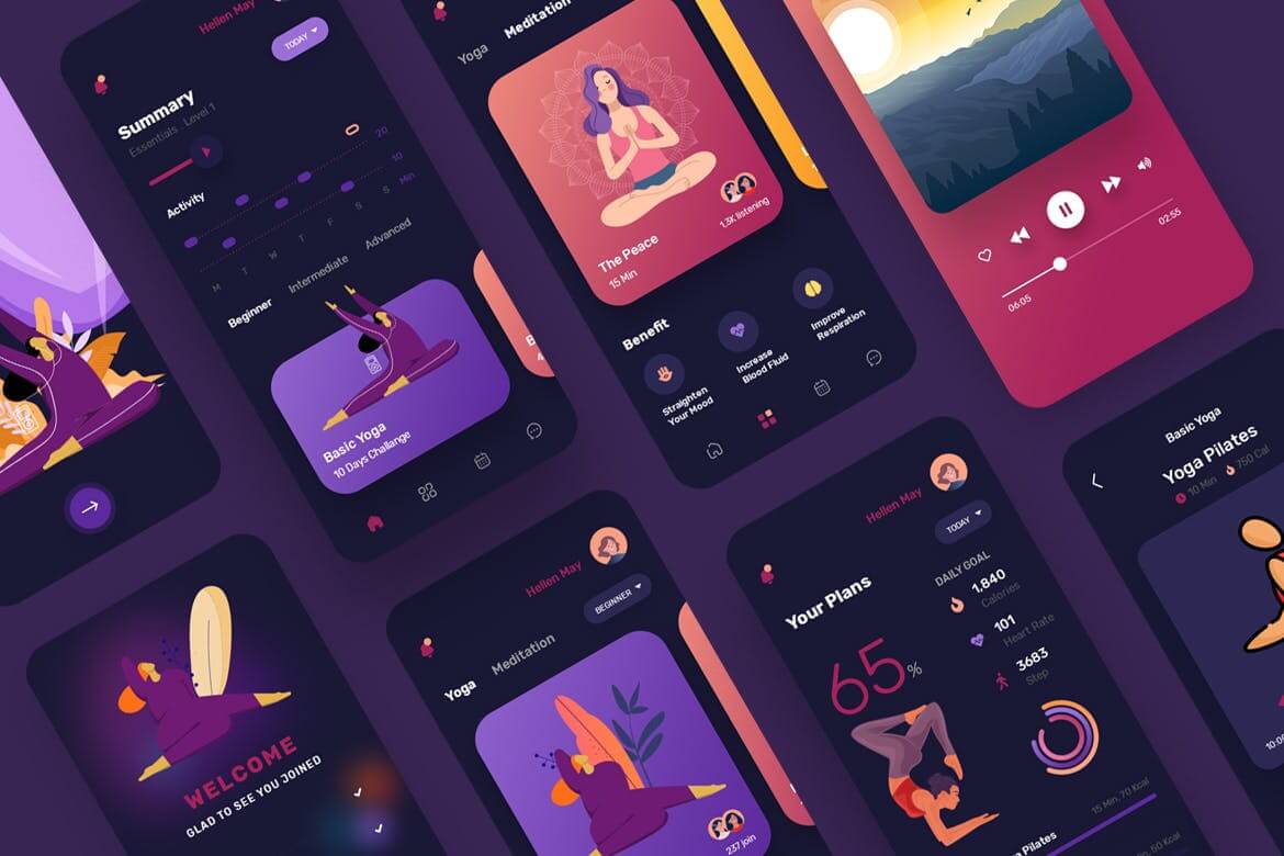 五月-Yoga＆Meditation Mobile App模板下载漂亮的颜色UI模板