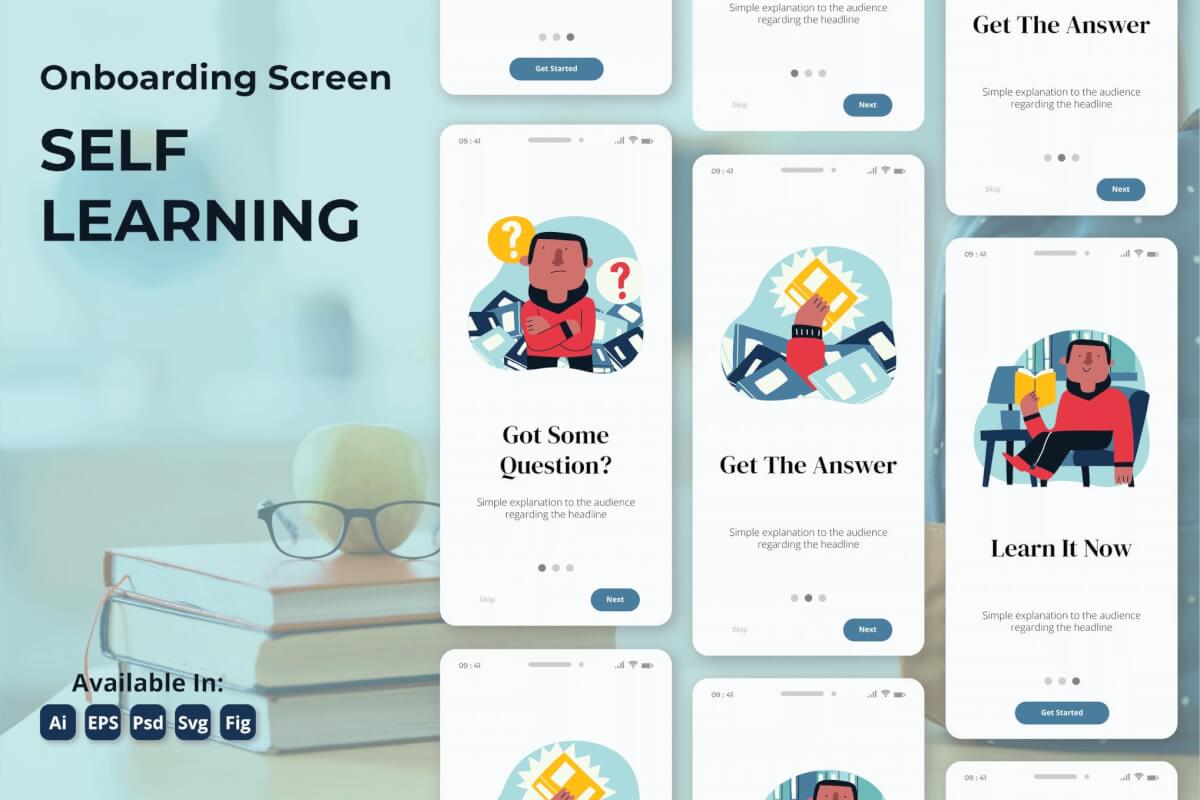 在线学习教育app模板素材插画引导页面设计