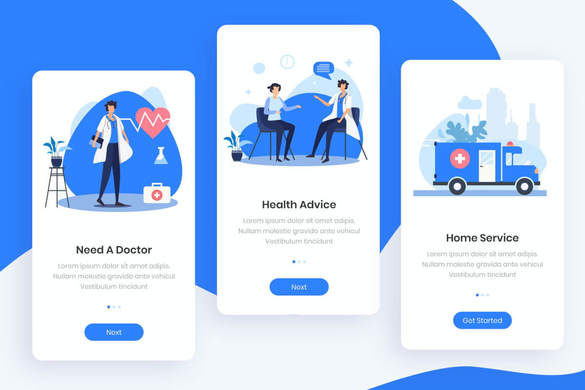 Health Onboarding应用程序蓝色插画人物引导页面ui模板下载