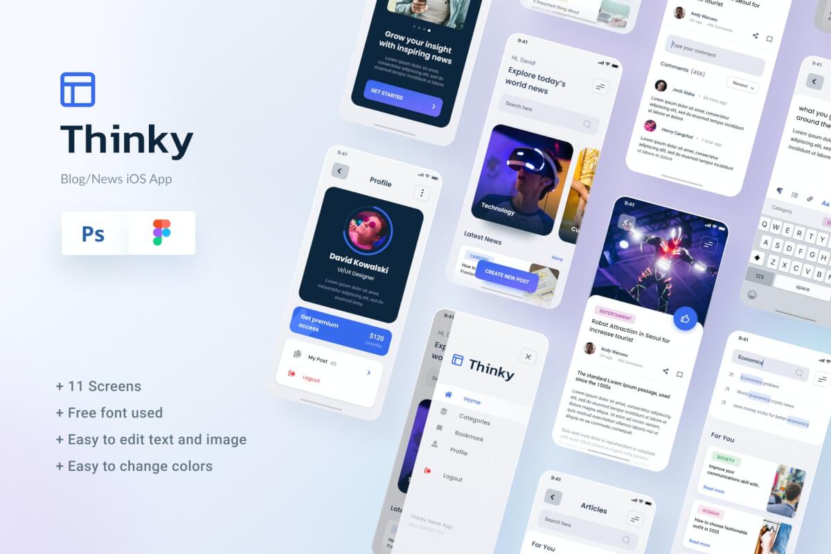 Thinky-博客新闻iOS App设计Figma和PSD UI素材下载