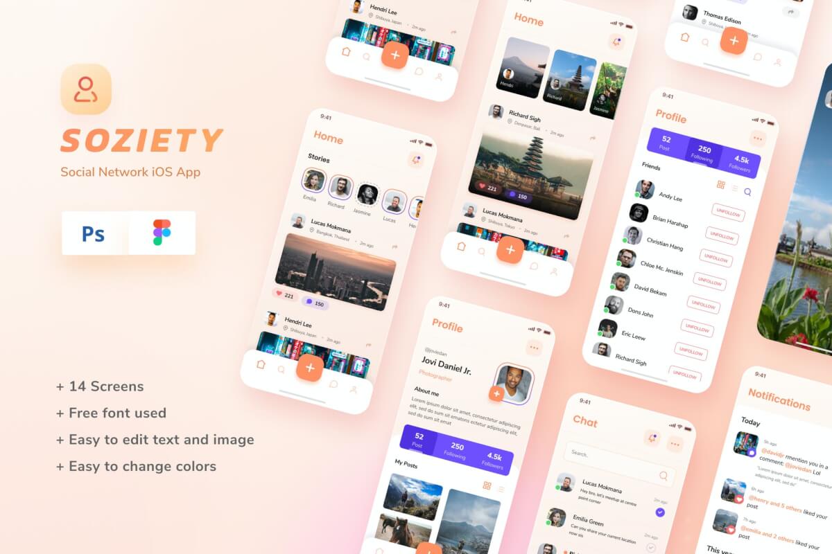 Soziety-社交网络iOS应用程序app设计模板psd下载