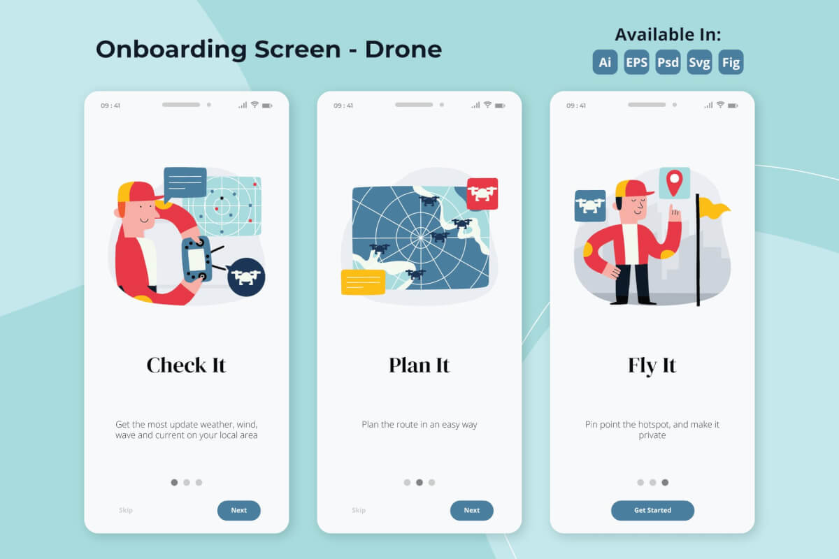 无人机飞行应用程序 无人机APP引导页面插画ui素材下载