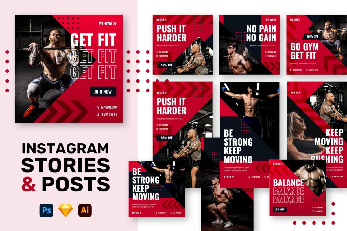 健身房Instagram的故事+帖子设计模板