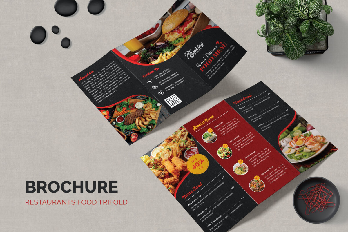 餐厅食品宣传菜单黑色三折页设计模板
