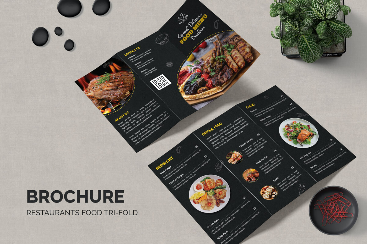 黑色西餐厅美食菜单三折页设计模板
