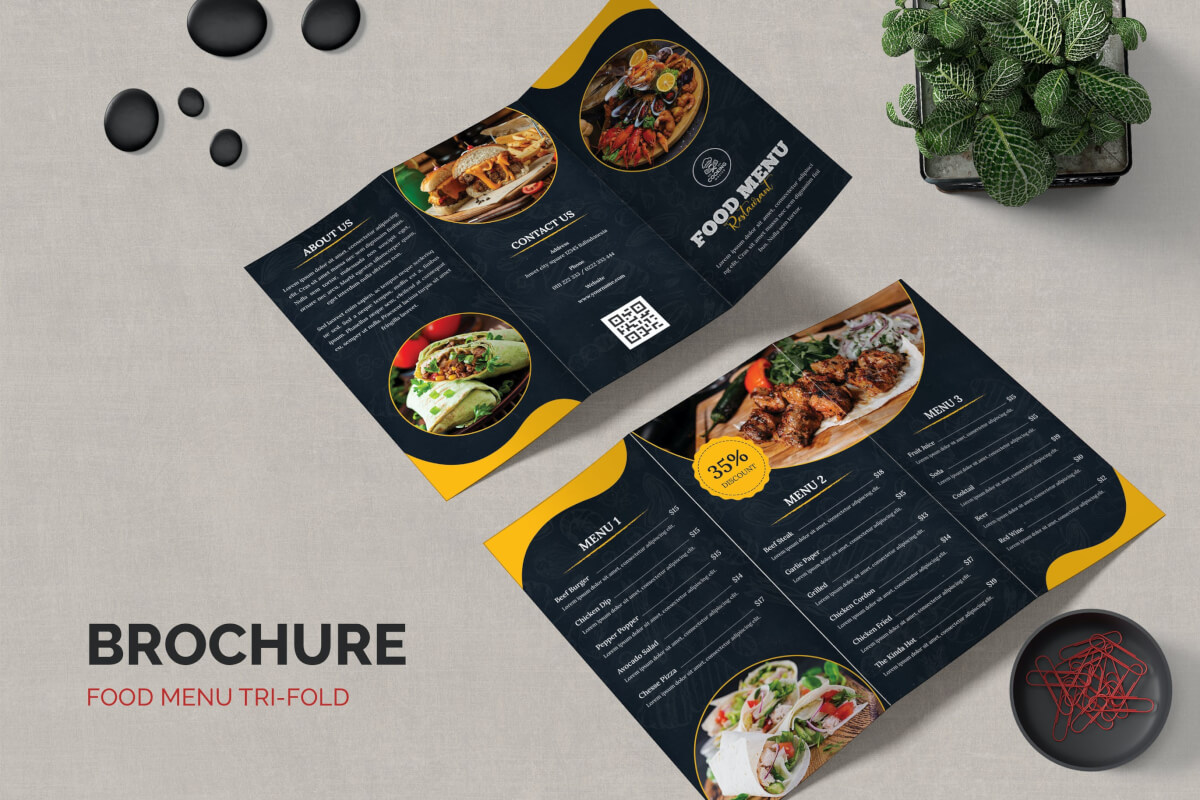 黑色时尚美食餐厅菜单三折页设计模板