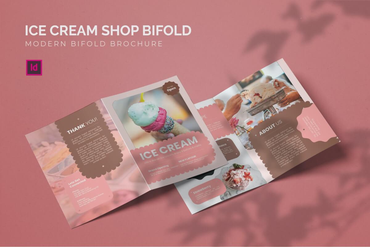 粉色冰淇淋店甜品屋宣传菜单二折页设计模板
