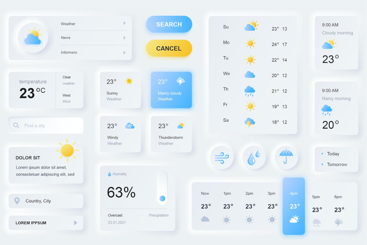 Neumorphism(新拟态风格)天气预报UI设计元素组件
