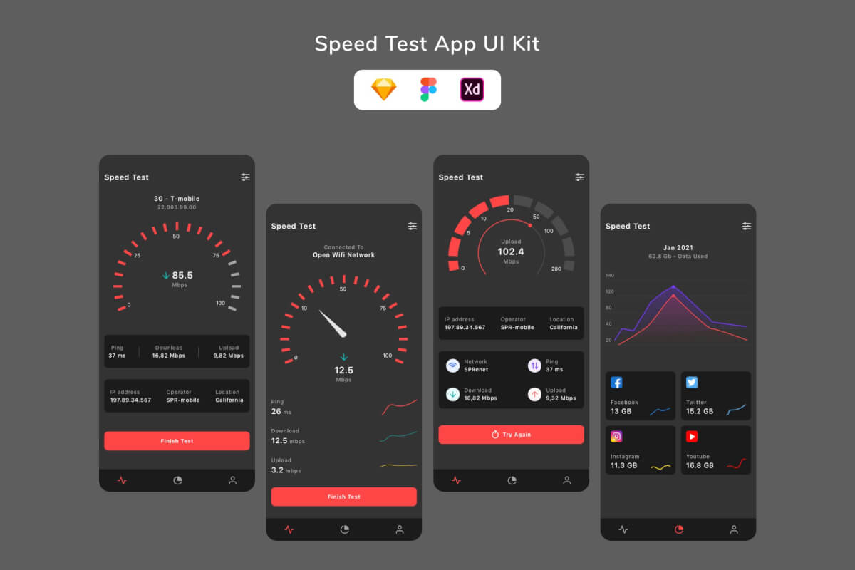 酷炫深色模式的速度测试APP UI Kit设计模板