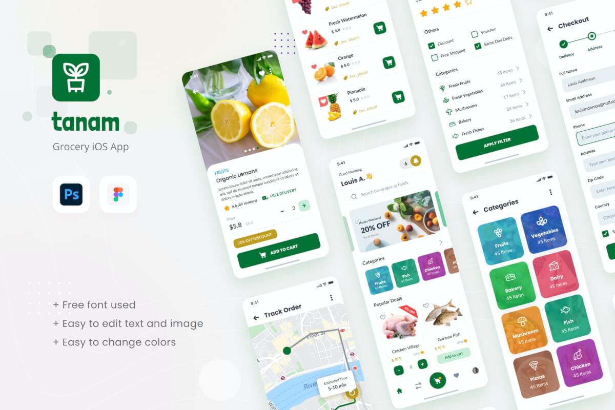 Tanam-简约干净的线上食品杂货店iOS APP UI Kit设计模板