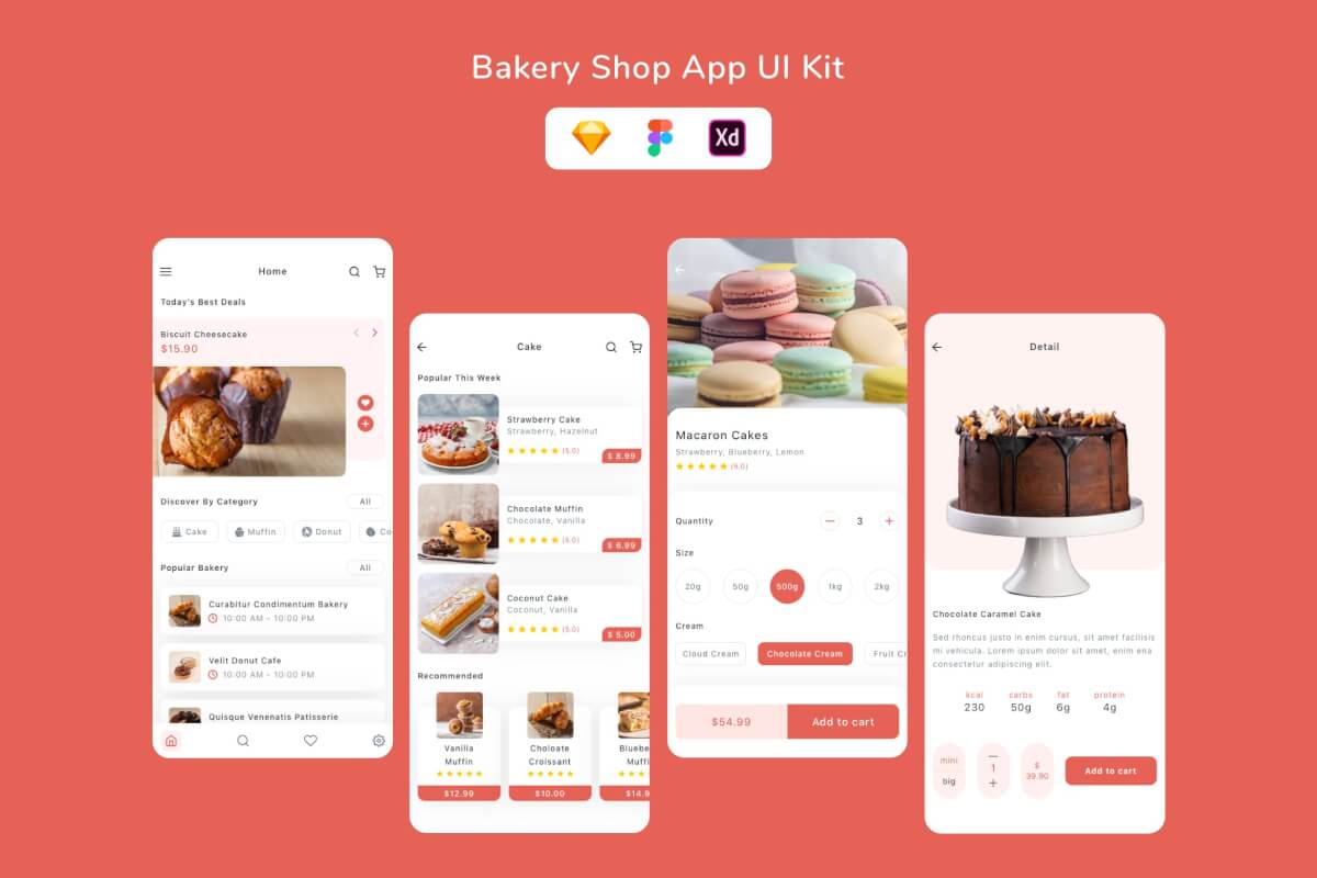 极简设计的面包店app ui kit界面设计模板