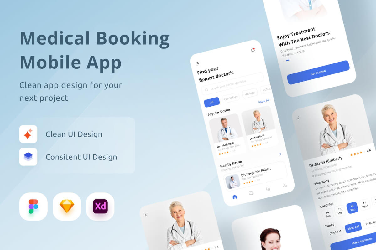 简洁的预约挂号医院医疗保健App UI Kit界面设计模板