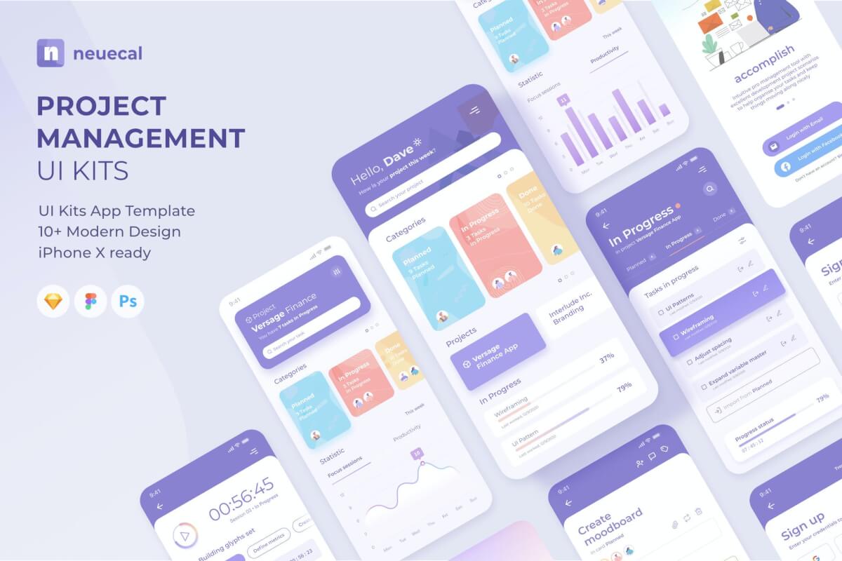 现代极简的项目管理iOS app UI Kit设计模板—Neuecal UI套件