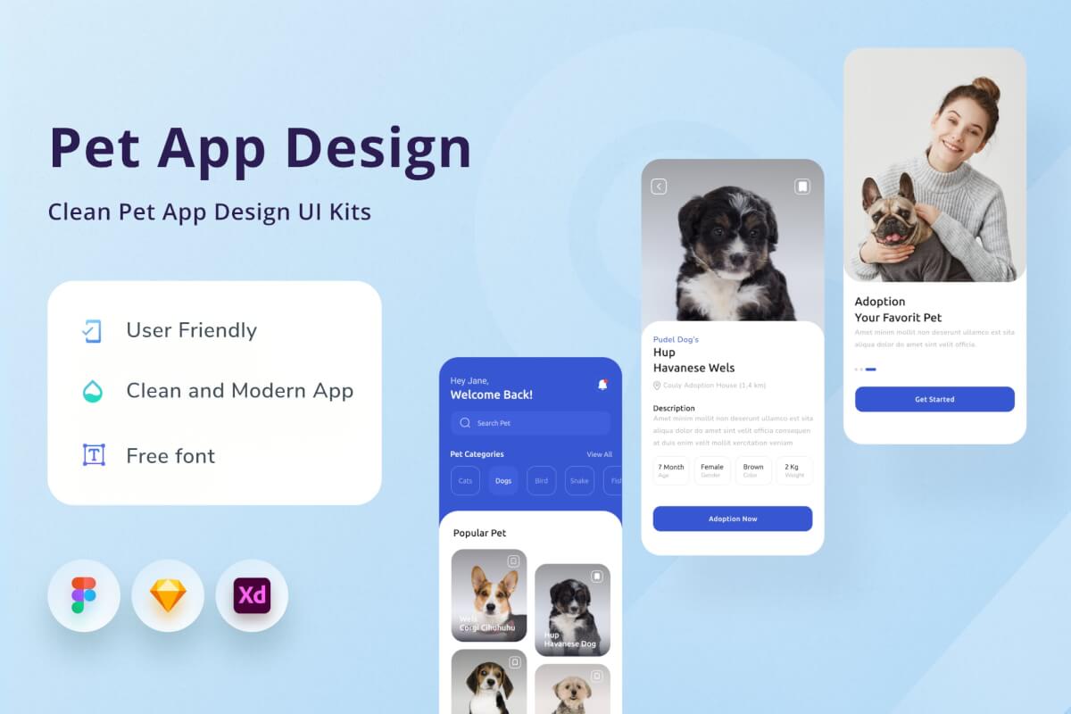现代时尚的宠物领养购买交易app UI Kit设计模板