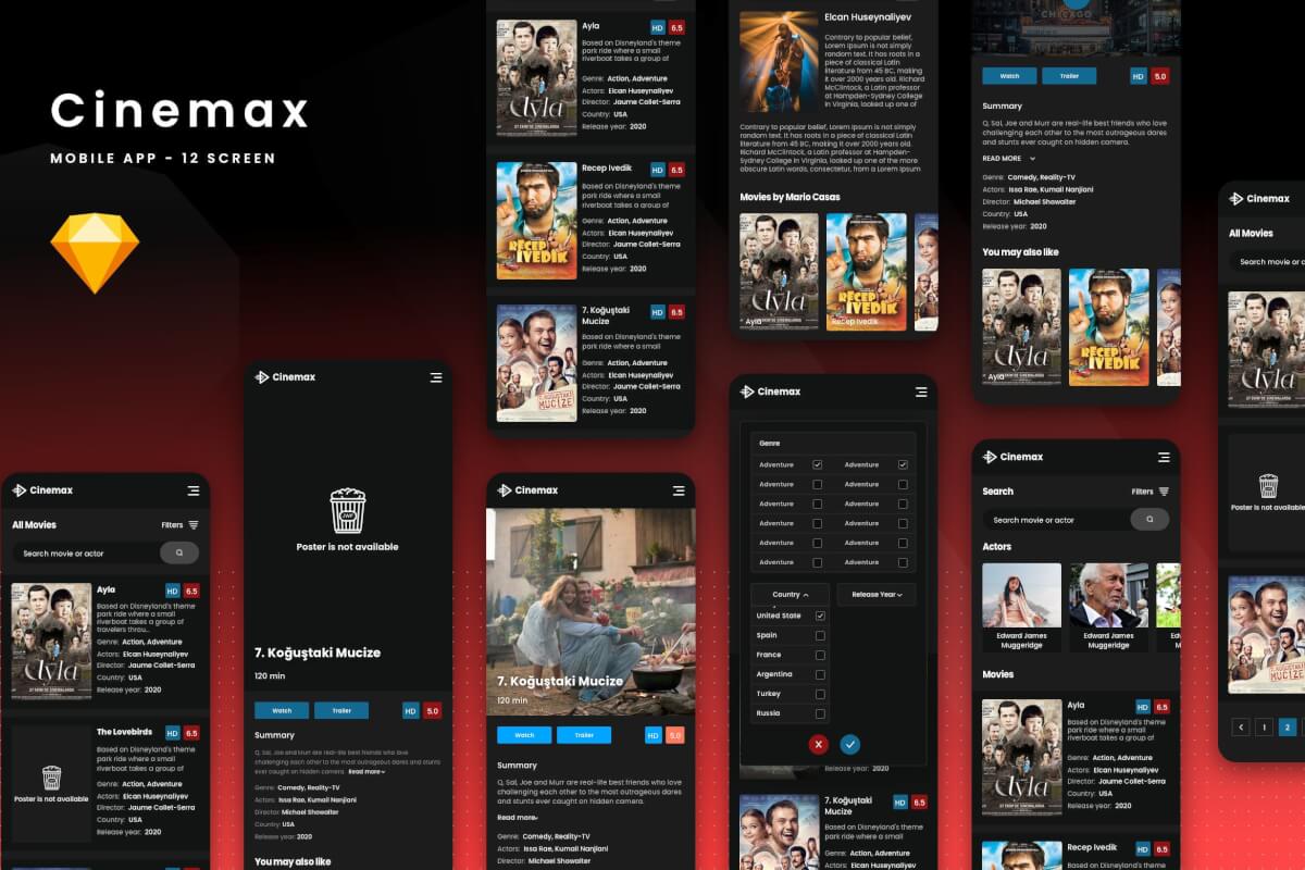 Cinemax Mobile-酷炫深色电影院app ui Sketch设计模板