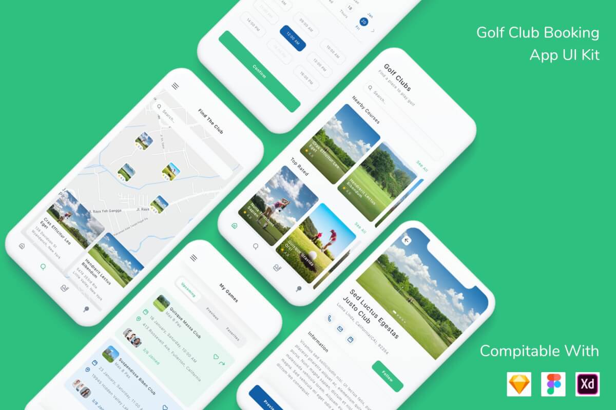 高尔夫俱乐部预订应用程序UI套件