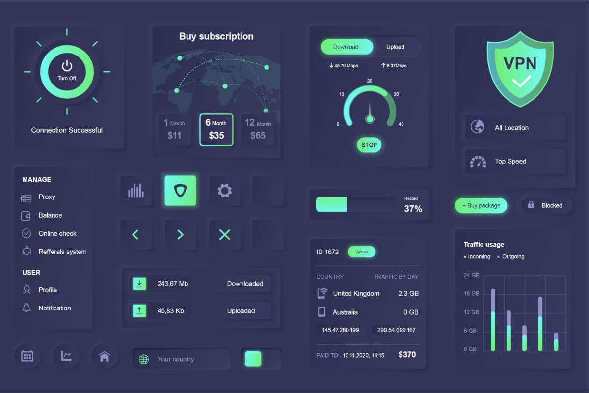 Neumorphic VPN服务元素新拟物风格app ui kit套件