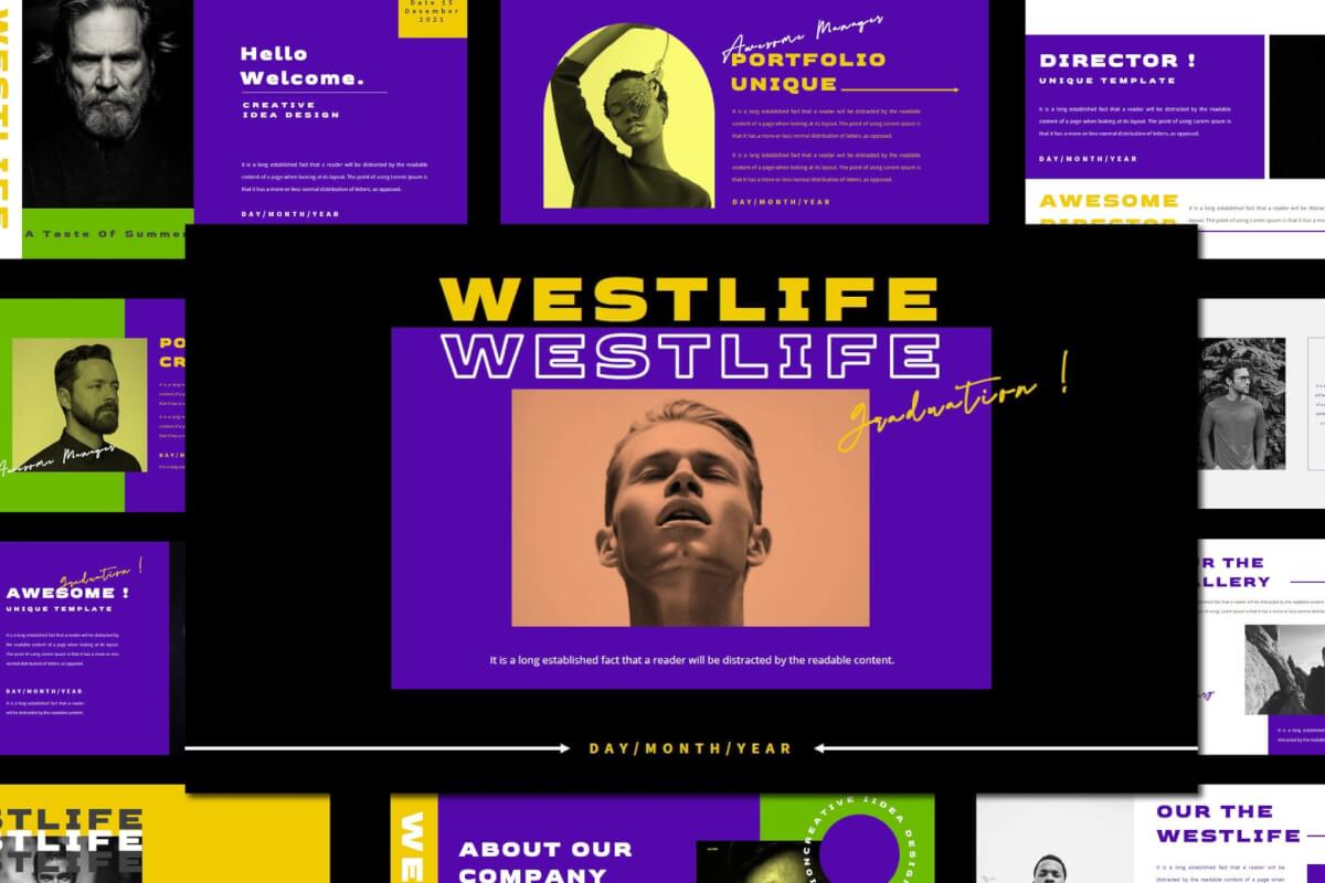 WESTLIFE-紫色时尚简约风宣传活动PPT模板