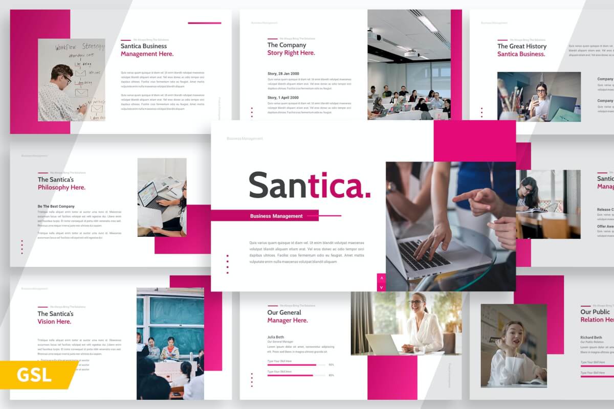 Santica-粉红简约工作汇报Google幻灯片设计模板