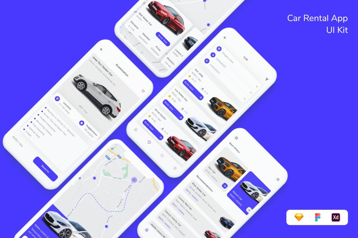 现代便捷的租赁汽车平台app UI Kit设计模板