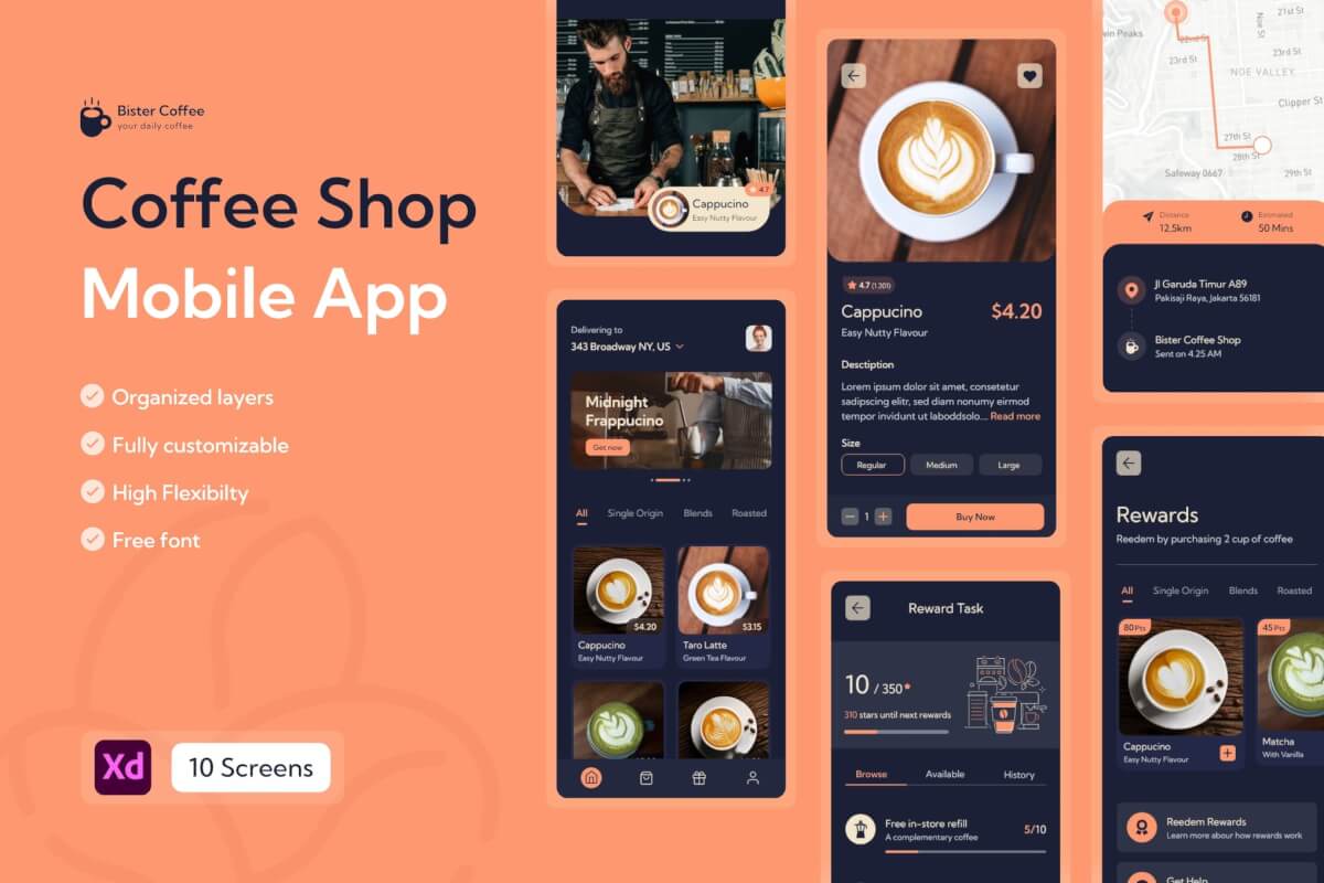 Bister-咖啡店和咖啡馆移动应用 UI 套件模板