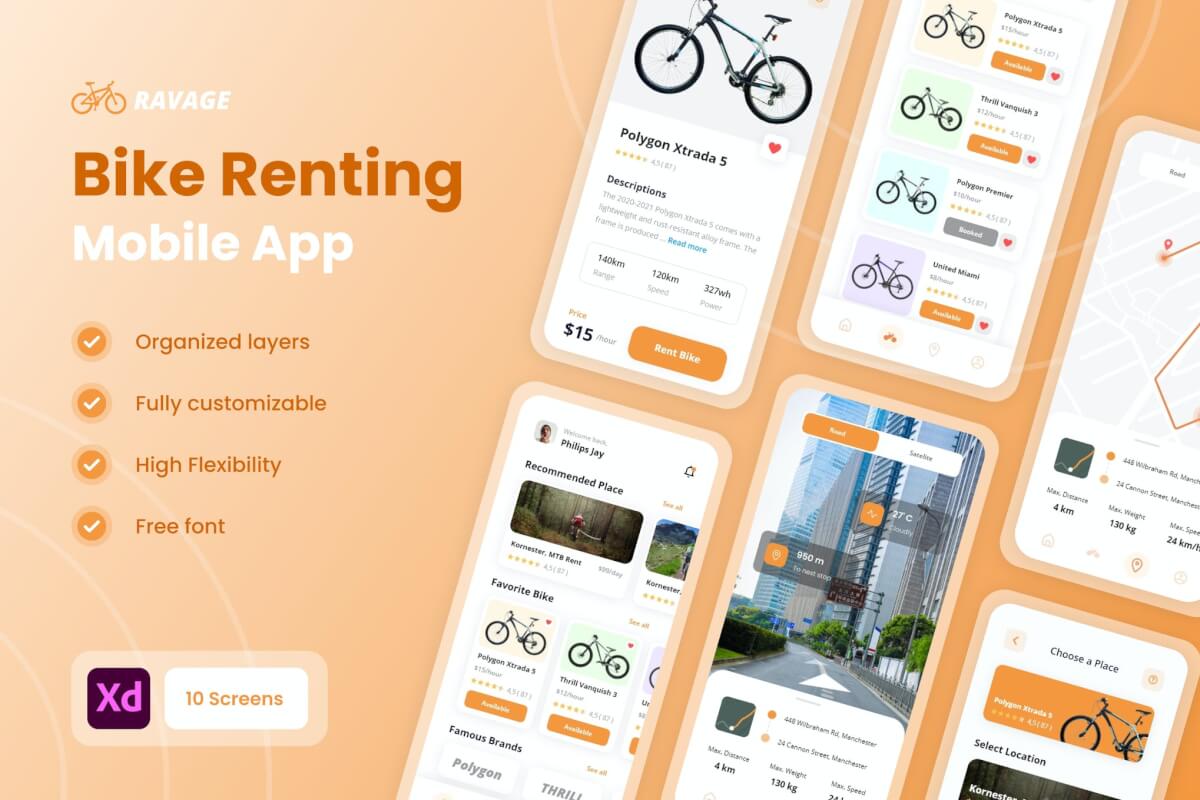 Ravage-自行车商店和租赁移动应用程序 UI 套件模板
