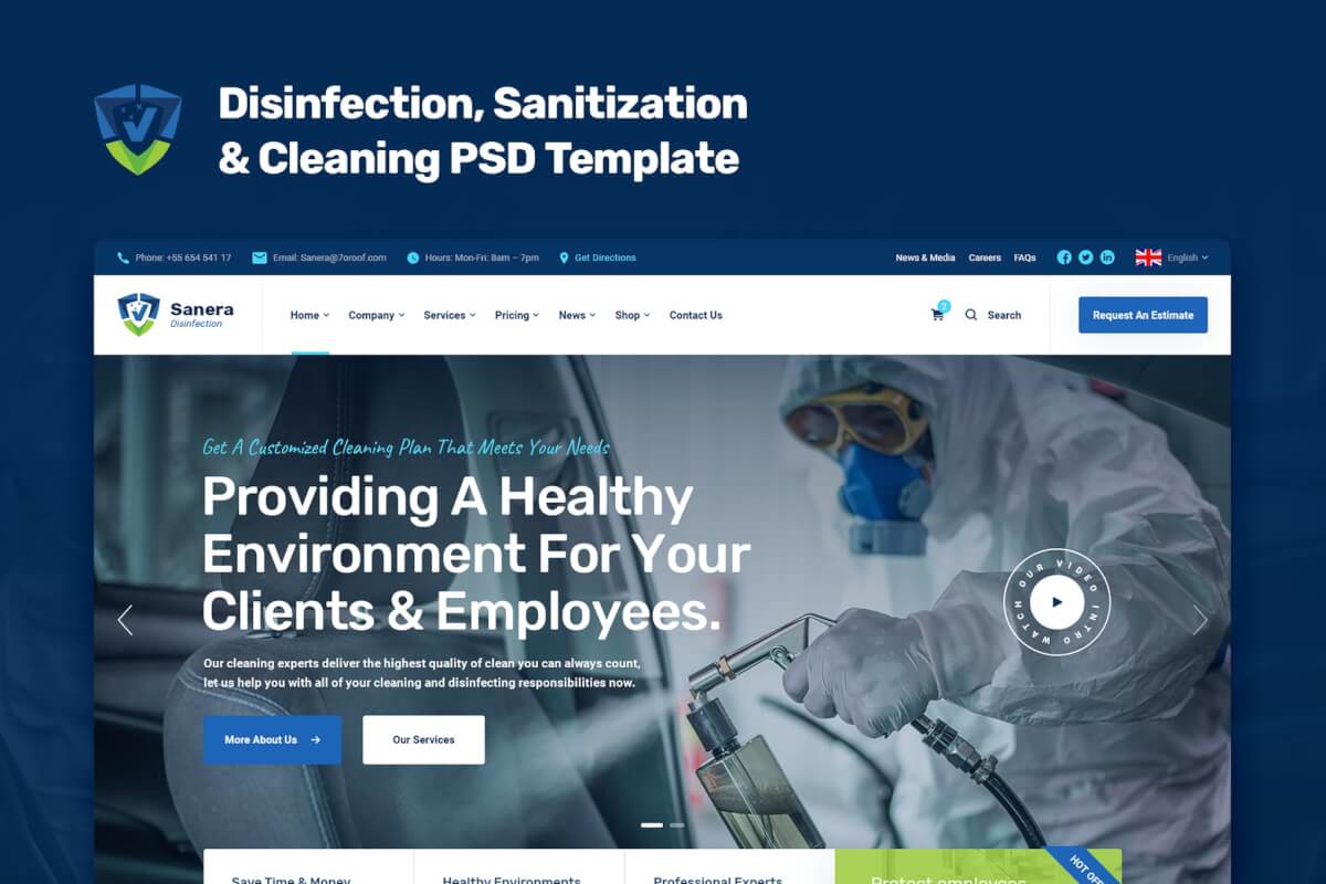 Sanera-消毒和清洁网页PSD模板
