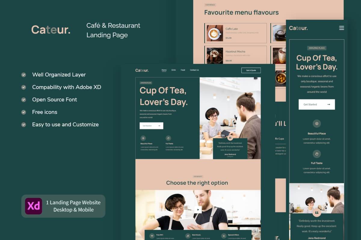 Cateur-咖啡厅和餐厅登陆页面XD网页模板