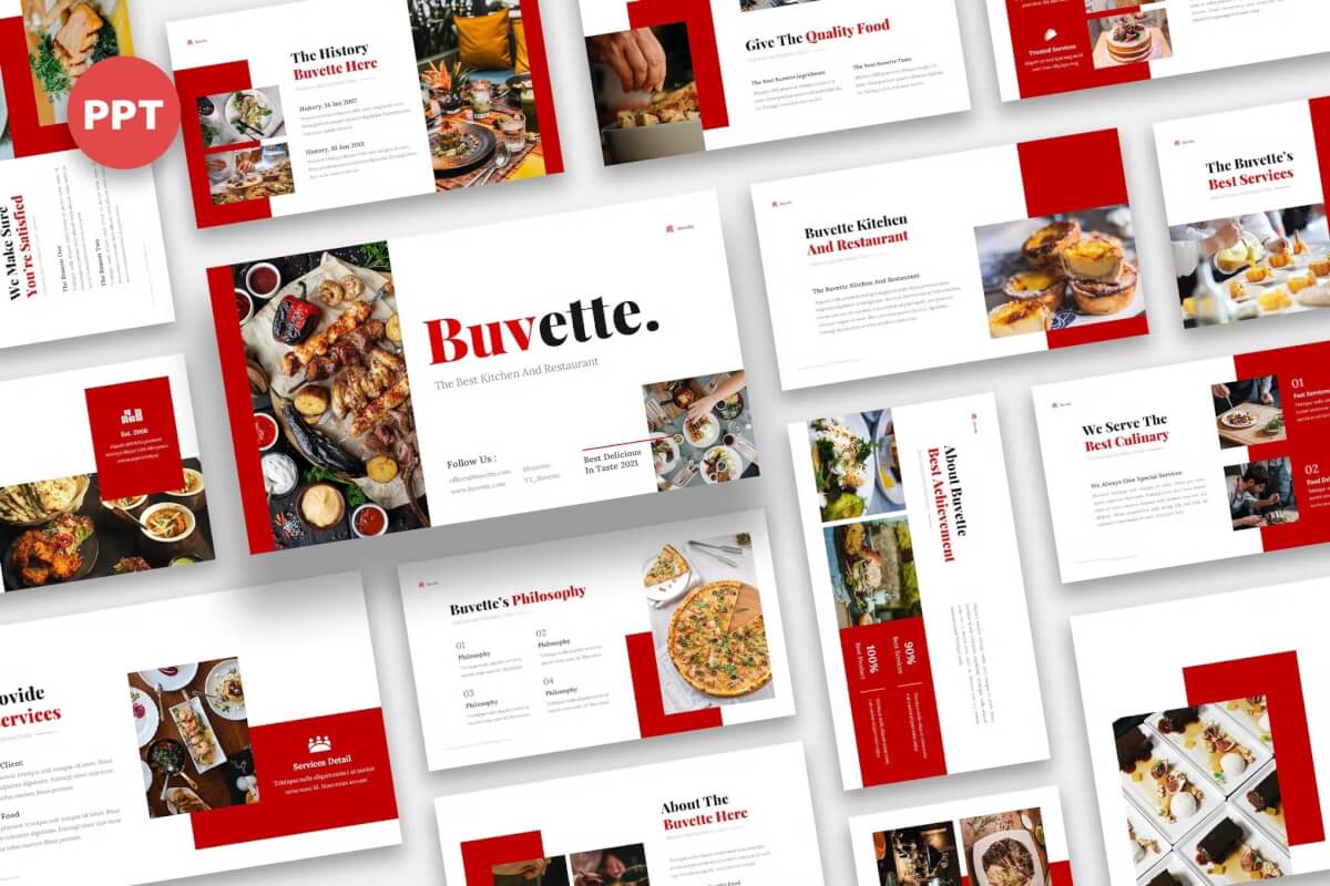 Buvette-厨房餐厅简报红色PowerPoint模板