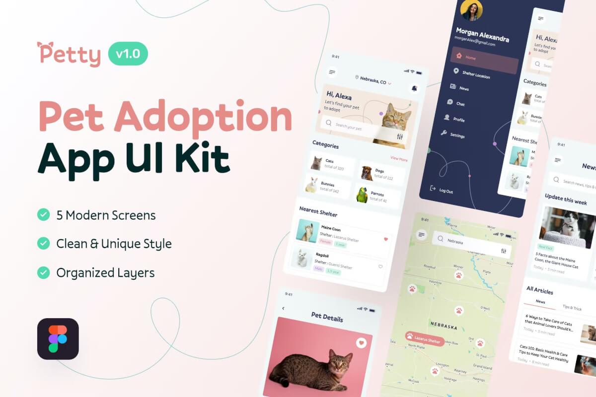 Petty-宠物收养应用程序 UI 套件模板