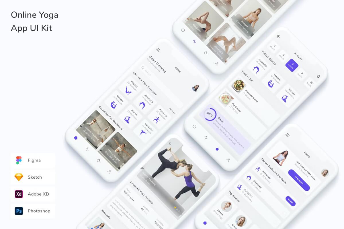 在线瑜伽应用程序 UI 套件模板