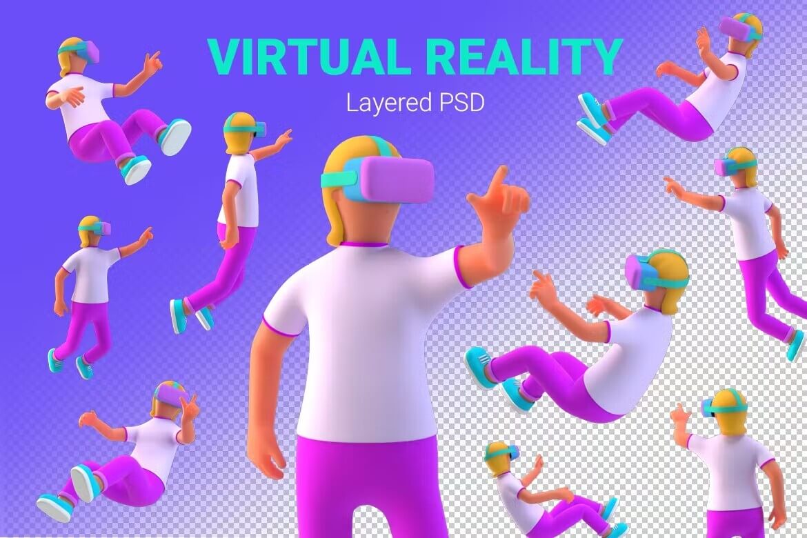 虚拟现实中的 VR 女孩 PSD 3D 插图