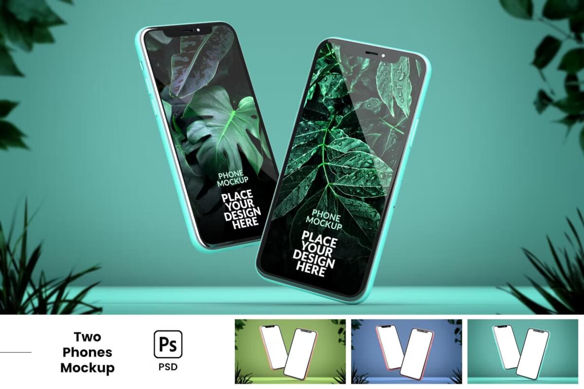 两部带植物的 iPhone逼真的模型