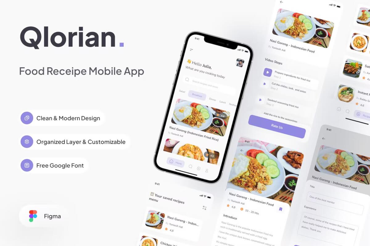 Qlorian-食物食谱移动应用程序 Figma模板
