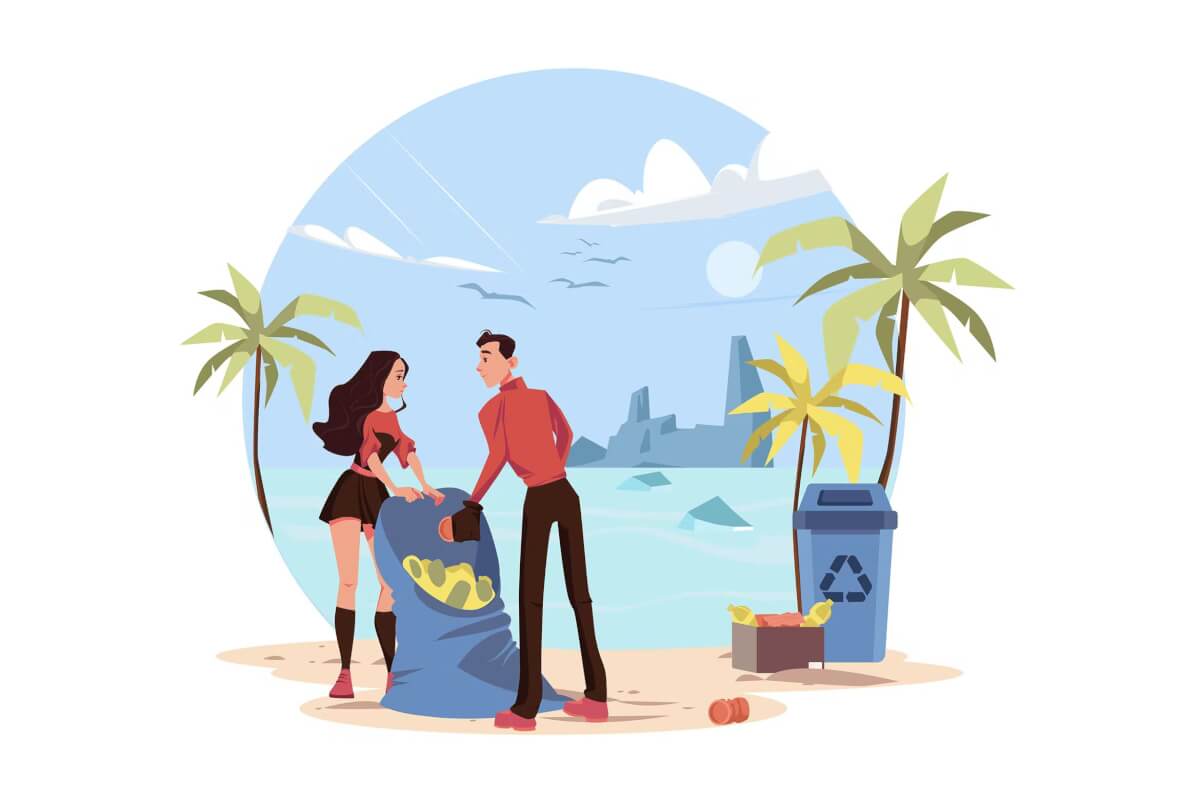 从海滩收集垃圾的夫妇插画概念