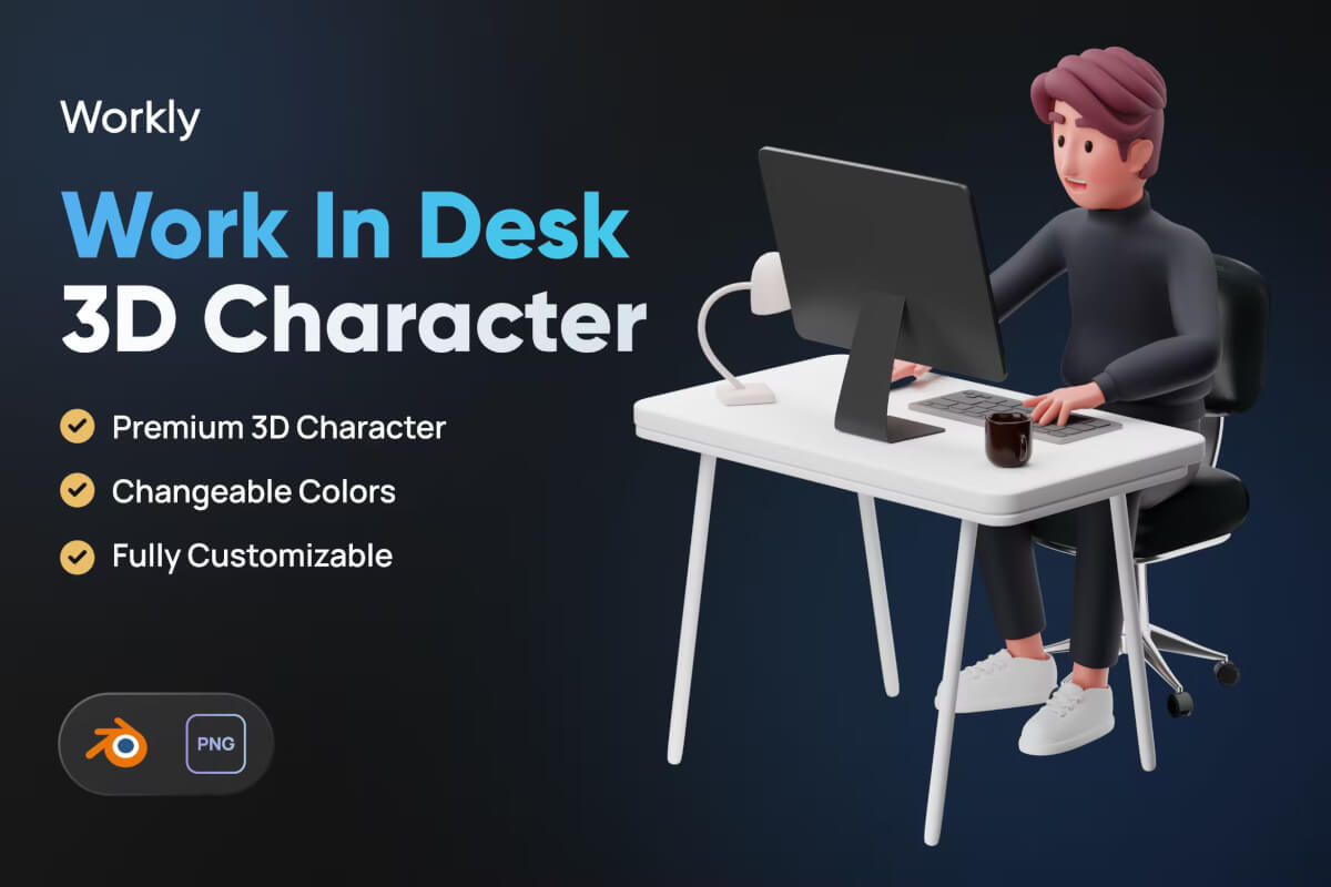在办公桌 3D 角色中工作模型