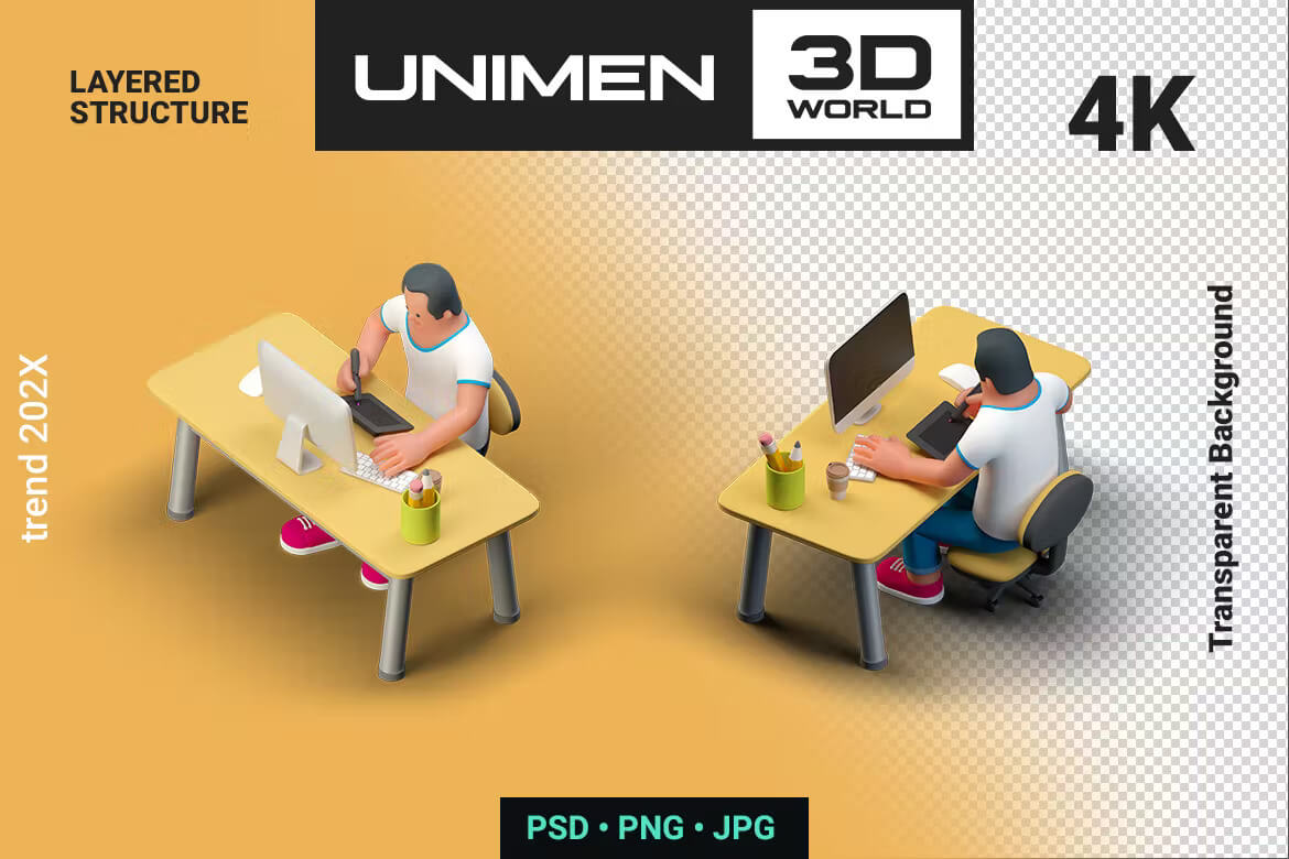 坐在桌子旁的人在PC上绘图3D插画