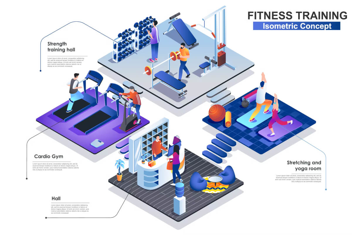 健身健身房内部 3D 等距概念插画