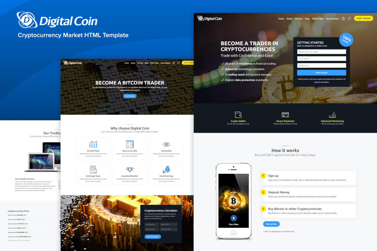 数字硬币 - 加密货币市场交易 HTML模板