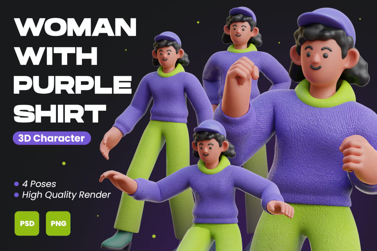 紫色衬衫的女人 3D 人物插画