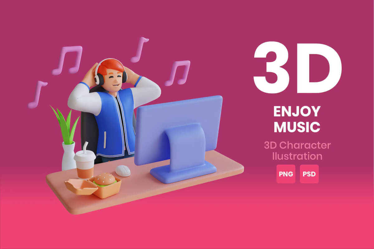 享受音乐3D人物插画