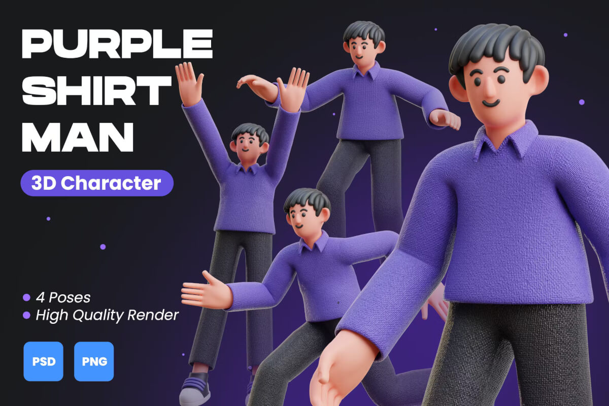 紫色衬衫男子 3D 人物插图