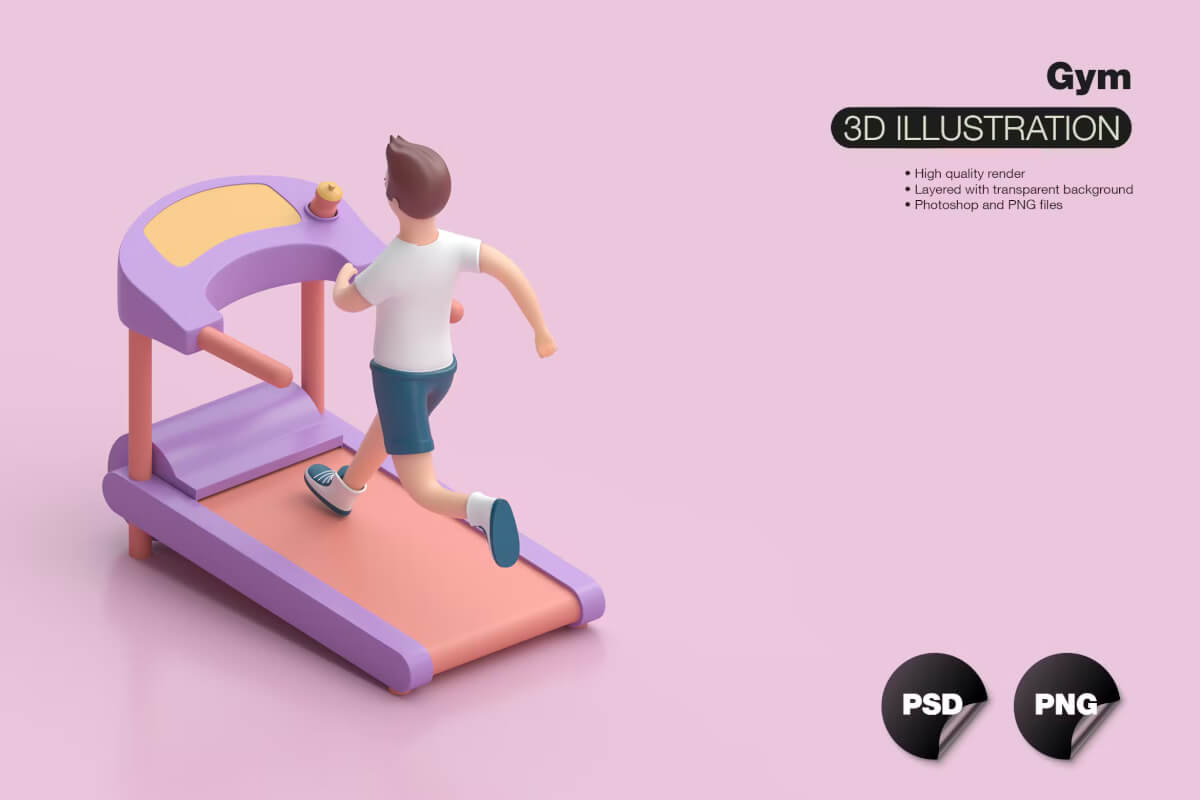 3D 运动健身房概念与男子跑步插图